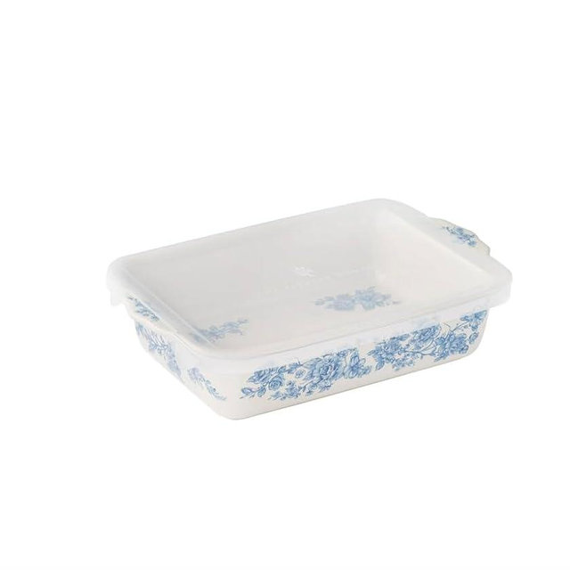 Pioneer Woman Agatha Blue Floral Small Rectangular Baker dish with Polypropylene Lid, 7" x 11"