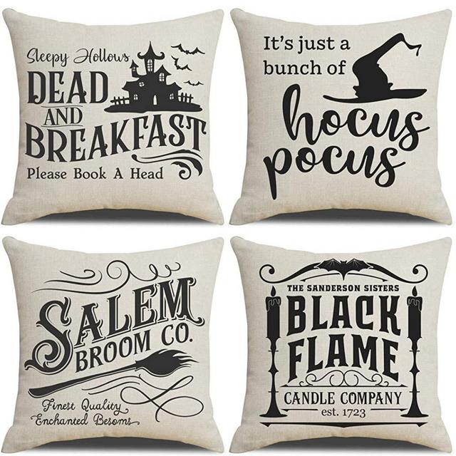 PSDWETS Fall Decor Throw Pillow Covers Set of 4 with Halloween Decorations Quotes Cotton Linen Home Pillow Covers 18 x 18 Inches for Rustic Modern Farmhouse