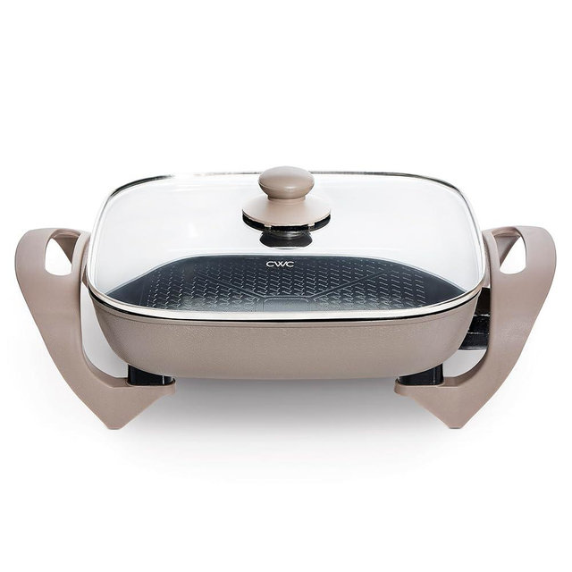 COOK WITH COLOR Electric Skillet - 12" x 12" Ceramic Nonstick Pan, PFAS-Free, 1400W, Tempered Glass Lid, Variable Temperature, Removable Heating Probe, Cool-Touch Handles, Greige