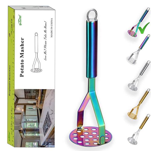 Berglander Potato Masher, Heavy Duty Stainless Steel Rainbow Potato Ricer With Colorful Titanium Plating, Masher, Kitchen Masher, Vegetable Fruit Masher (Rainbow)