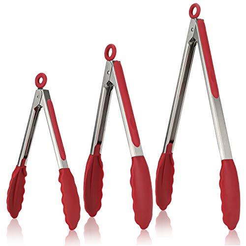 Kitchen Tongs, U-Taste 7/9/12 inches Cooking Tongs, with 600ºF High Heat-Resistant Non-Stick Silicone Tips&18/8 Stainless Steel Handle, for Food Grill, Salad, BBQ, Frying, Serving, Pack of 3(Red)