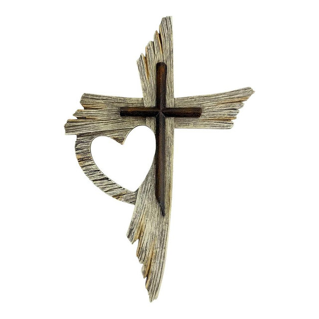 Top Brass One Love Rustic Wall Cross – Distressed Wood-Look Resin Cross with Carved Heart Cutout & Raised Center, 12-Inch Hanging Christian Home Decor with Sawtooth Hanger – Rustic White