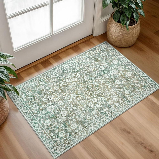 SILOLOOM Vintage Entryway Rug Indoor, Sage Green Beige Washable Rug 2x3, Small Area Rug Non-Slip Throw Rugs, Floral Kitchen Rug Print Faux Wool Thin Super Soft Front Door Rug Floor Carpet for Foyer