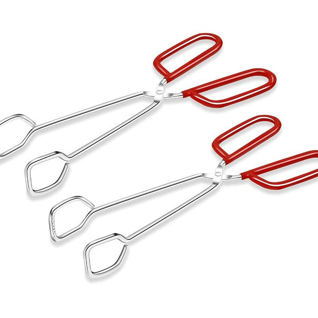 Hiash 10-Inch Heavy Duty Stainless Steel Kitchen Tongs - Non-Slip Comfortable Red Grip, Scissor Design, Heat Resistant for BBQ and Cooking, Set of 2