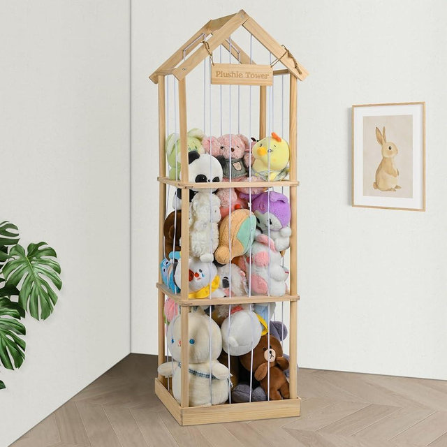 Stuffed Animal Storage, Vertical Stuffed Animal Holder with Thicker Elastic Band, Solid Wood Plushies Storage Decoration and Space Saving for Playroom, Kids Bedroom, Nursery Room. 57"(4.7ft)