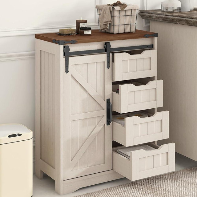 Farmhouse Sliding Door Bathroom Floor Storage Cabinet, Bathroom Cabinet with Drawer, Floor Storage Cabinet, Farmhouse Storage Cabinet for Bathroom, Kitchen, Living Room, Rustic Style Cabinet, White