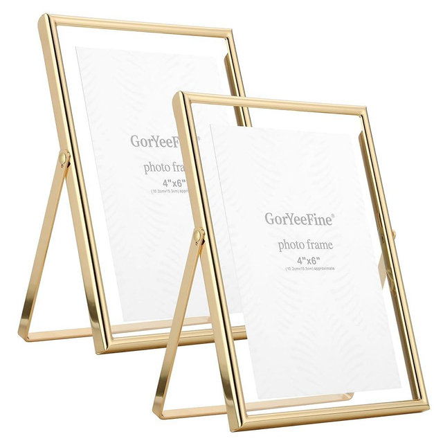 GorYeeFine 2 Pack 4x6" Light Gold Classic Rounded Metal Floater Frame with Floating Effect, Double Glass Design, Perfect for 2x3", 3x5" Pictures, Wedding Gift