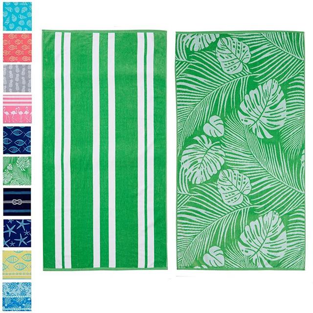 2 Pack Plush Maui Green Palm & Stripes Print Beach Towels. 100% Cotton Nautical  Beach Towels, Large Pool Towels. Maui Collection (30”x60”)