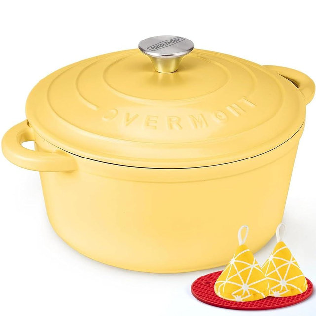 Overmont Enameled Cast Iron Dutch Oven - 7QT Pot with Lid Cookbook & Cotton Potholders - Heavy-Duty Cookware for Braising, Stews, Roasting, Bread Baking GooseYellow