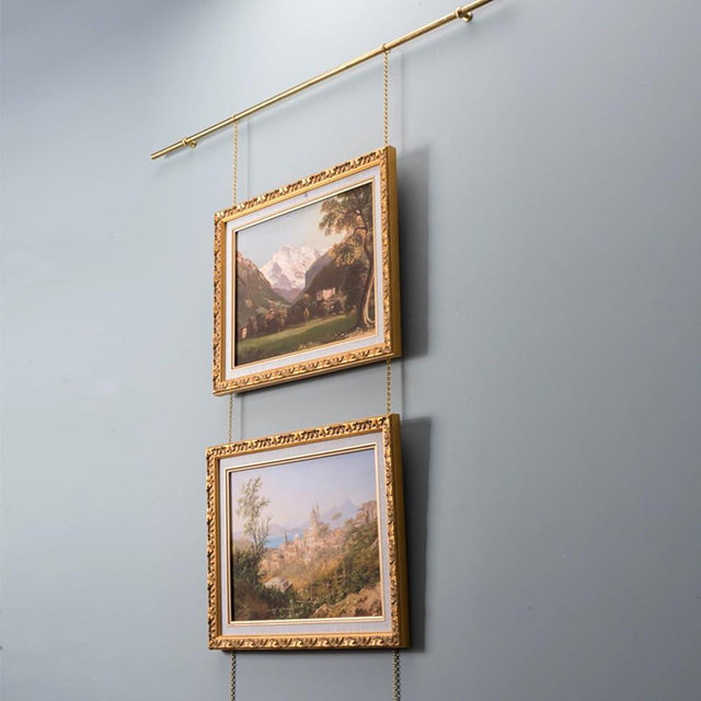 UrbanUp Picture Rail Hanging System Brass Picture Hanging Wire Kit, French Style Picture Hangers for Living Room Wall Decor, Indoor Picture Rail Hanging System Customizable(2.5m(98.4") Rod)