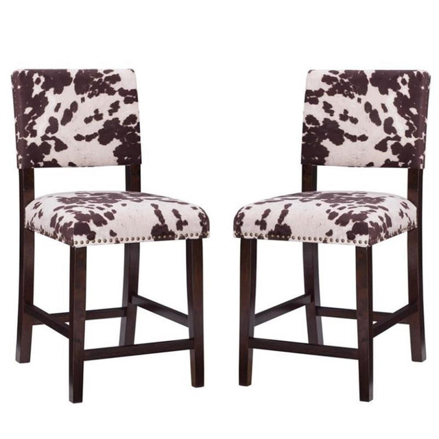 Home Square 2-Piece 24" Microfiber Upholstered Cow Print Counter Stool Set with Wood Legs & Foot Rails, Padded Seat and Back, for Kitchen Counter/Bar/Island, in Brown Finish