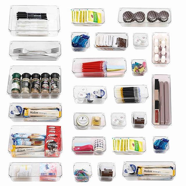 Cq acrylic 25 PCS Clear Drawer Organizers Set, 4 Sizes Plastic Vanity Drawer Organizers and Storage Bins, Desk Drawer Organizer Trays with Non-slip Silicone Pads for Makeup,Bathroom and Kitchen