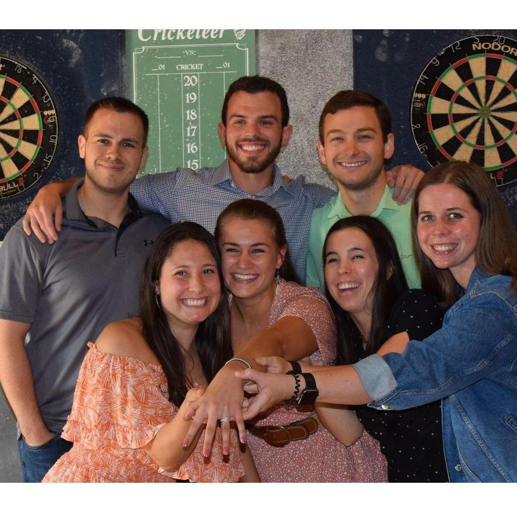 At our engagement party at Southside Social! These are some of our best friends from Mercer DPT (just missing Caroline and Jordan!). August 7, 2021.