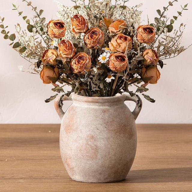 Dobbyby Ceramic Flower Small Vase 6 inch Farmhouse Rustic Vase Decorative Pottery Terracotta Vases for Home Decor Table Mantle Fireplace Living Room Bathroom Wedding Centerpiece