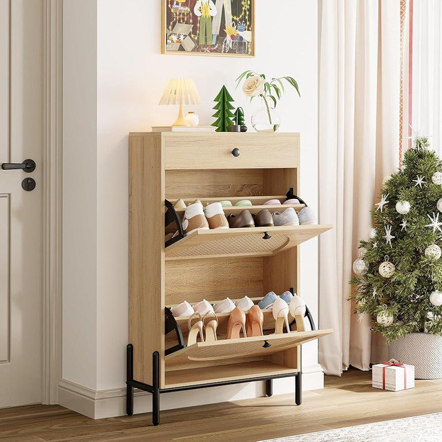 IRONCK Rattan Shoe Storage Cabinet, Shoe Organizer Rack with 2 Flip Doors and 1 Drawer, Narrow Shoe Cabinet 3-Tier Adjustable Shelves for Entryway, Oak