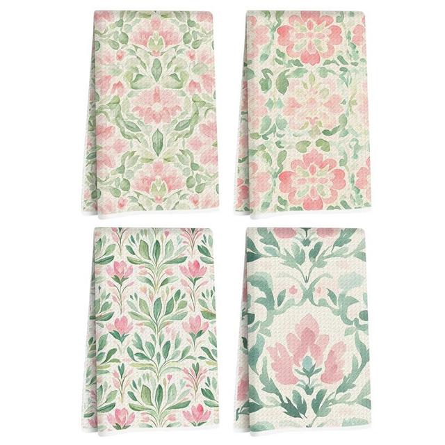 Jztco 4 Pcs Watercolor Floral Kitchen Towels, Artistic Pink Green Decorative Absorbent Microfiber Dish Cloth Tea Towel, Durable Waffle Hand Towels for Farmhouse Home Bathroom, Housewarming Gifts
