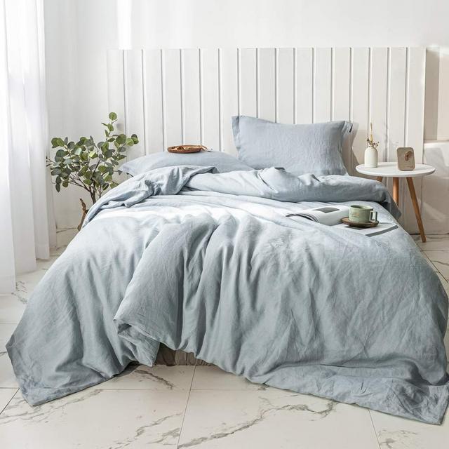 Simple&Opulence 100% Linen Duvet Cover Set 3pcs Basic Style Natural French Washed Flax Solid Color Soft Breathable Farmhouse Bedding with Button Closure (Queen, Dusty Blue)