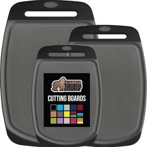 GORILLA GRIP 100% BPA-Free Reversible Kitchen Cutting Board Set of 3, Nonporous, Juice Grooves to Catch Liquid, Slip Resistant Handle Border, Dishwasher Safe, Durable Food Chopping Boards, Black Gray