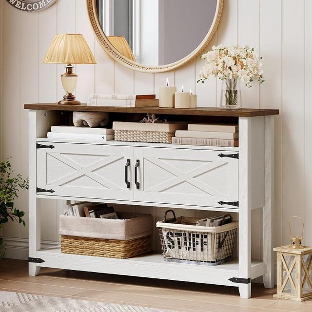 HOOBRO Farmhouse Console Table with Storage, 47.2" Long Entryway Table, White Sofa Table with Doors and Cabinets, Narrow Sofa Table Behind Couch, for Hallway, Foyer, White and Walnut