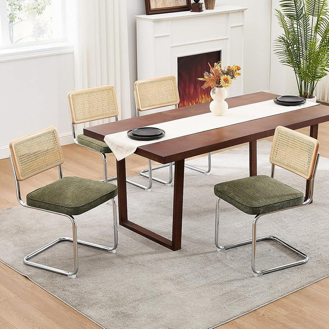 Zesthouse Natural Rattan Dining Chairs Set of 4, Mid Century Modern Dining Chairs with Solid Wood Back & Chrome Base, for Kitchen Living Room, Breuer Design Inspired, Upholstered Linen Fabric, Green