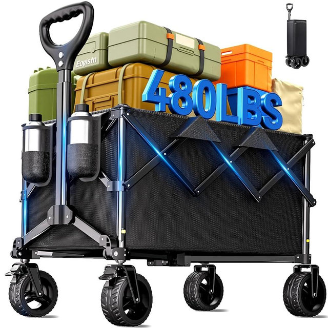 Collapsible Wagon Cart with Universal Wheels, 480LBS Wagons Carts Heavy Duty Collapsible Wagon with Cup Holders, Utility Beach Carts for Camping, Garden, Shopping, Fishing, Sports