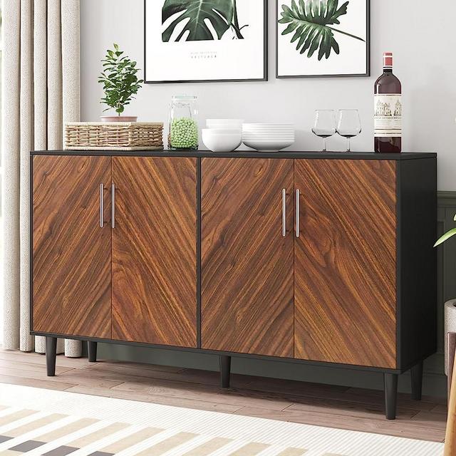 Black Sideboard Buffet Cabinet, 58’’ Accent Storage Cabinet with 4 Doors, Mid Century Modern Buffet Table with Adjustable Shelf, Buffets & Sideboards with Storage, Credenzas for Living Dining Room