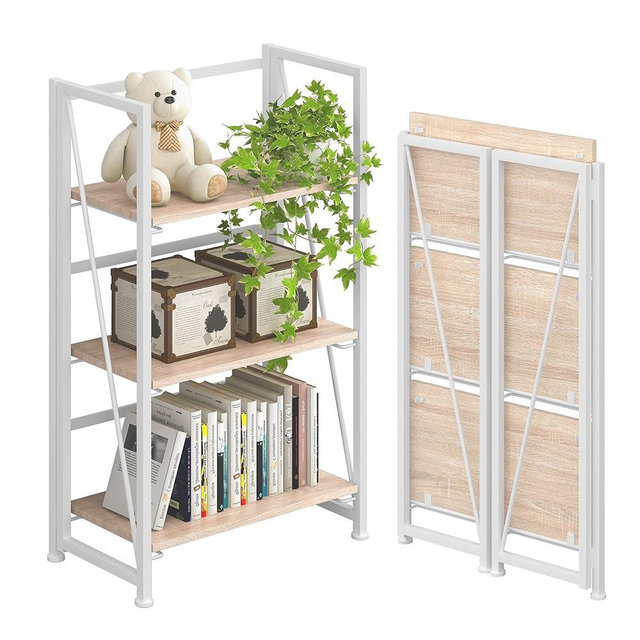 4NM No-Assembly Folding Bookshelf Storage Shelves 3 Tiers Vintage Bookcase Standing Racks Study Organizer Home Office (Natural and White)