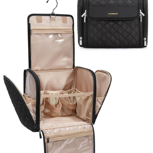 BAGSMART Travel Toiletry Bag, Large Capacity Cosmetic Bags for Women with Hanging Hook, Water-resistant for Toiletries Accessories Brushes Sponge, With Handle