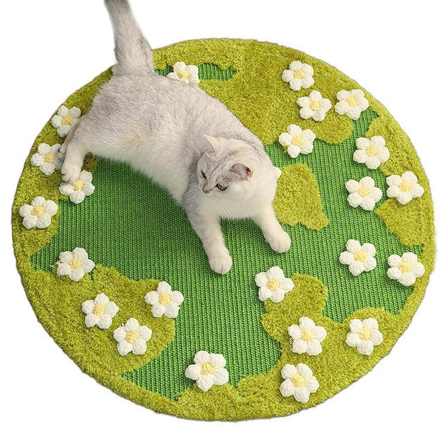 31 x 31 Inch 3D Garden Cat Scratcher Mat, Flower Sisal Cat Scratch Pad, Floor Cat Scratching Pads Rug for Indoor Cats, Protector for Wall&Carpets&Sofas, Green Moss Cat Claw Pad (White Flowers)