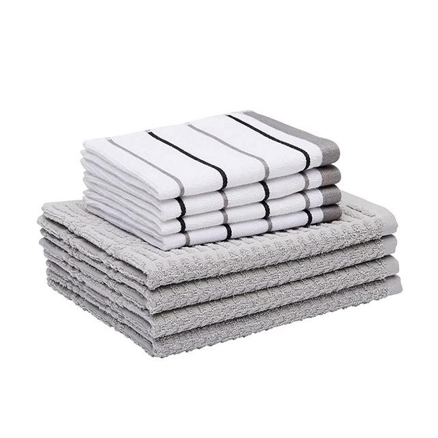 Amazon Basics 100% Cotton Kitchen Dish Cloth (12x12) & Towel (26x16) Set, Absorbent Ringspun - 8-Pack, Grey Stripe