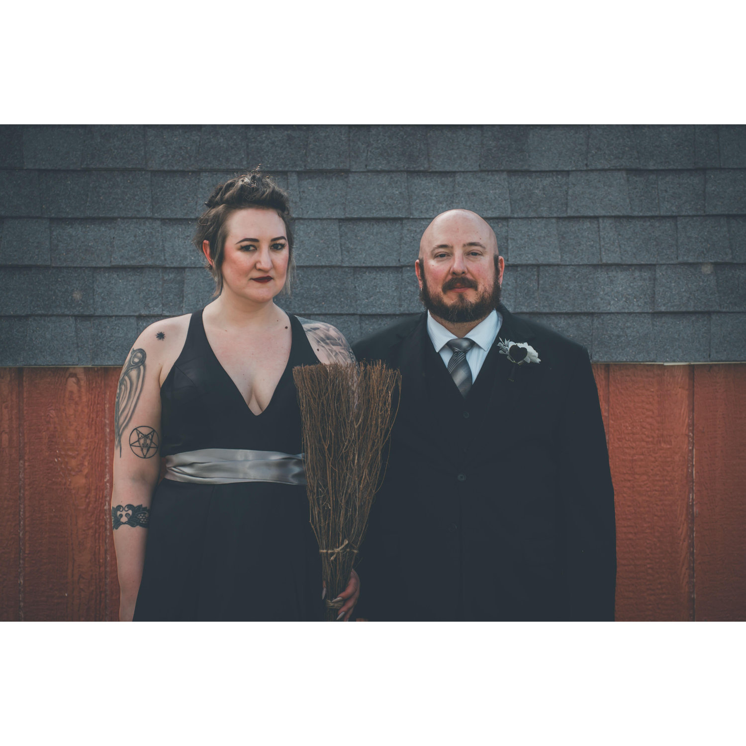 Inspired by the famous painting, "American Gothic" the couple created their own "Midwest Gothic" photo