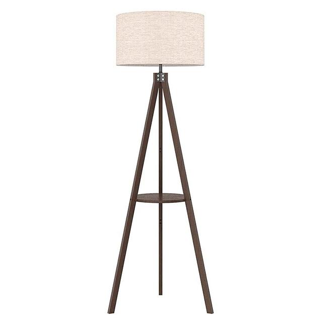 LEPOWER Tripod Floor Lamp, Mid Century Standing Lamp with Shelf, Modern Design Wood Floor Lamps for Living Room, Bedroom, Office , Flaxen Lamp Shade with E26 Lamp Base