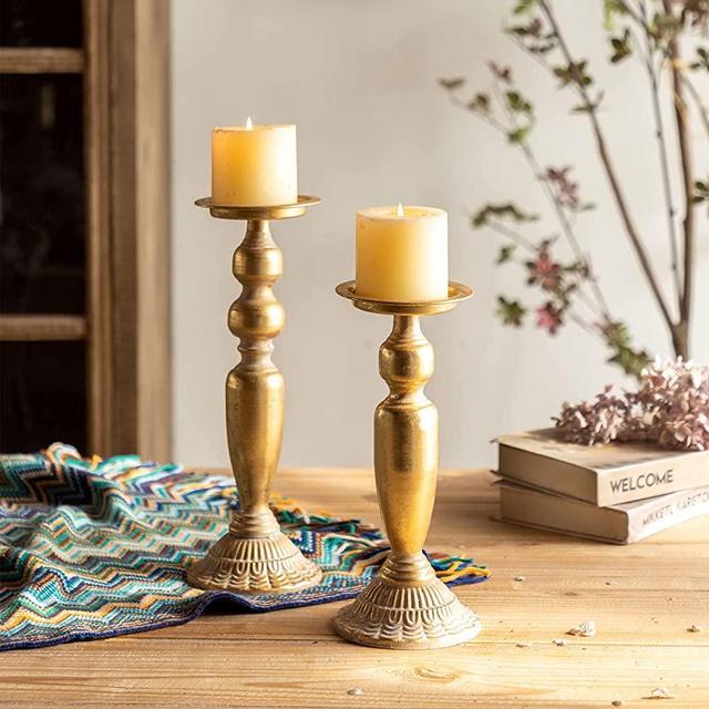 Antique Gold Candle Holders for Pillar Candles,Unique Pillar Candle Holder in Distressed Finish for Home, Living Room, Kitchen,Mantlepiece,Rustic Farmhouse,Table Centerpiece Decorations,Set of 2