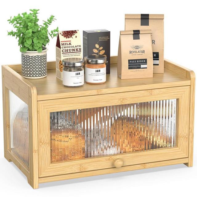BAMBANG Extra Large Bamboo Bread Box for Kitchen Counter, Bread Storage Container Farmhouse Bread Box with 4 Sides Transparency, Wooden Breadbox Bread Bin Holder for Homemade Bread, Natural