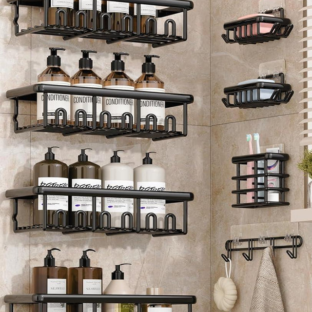 Zeawec 8 Pack Adhesive Rustproof Shower Caddy with Soap Dishes, Toothbrush Holder & Hooks, Large Capacity No-Drilling Shower Shelves Rack for Bathroom Organizers and Storage Accessories, Black