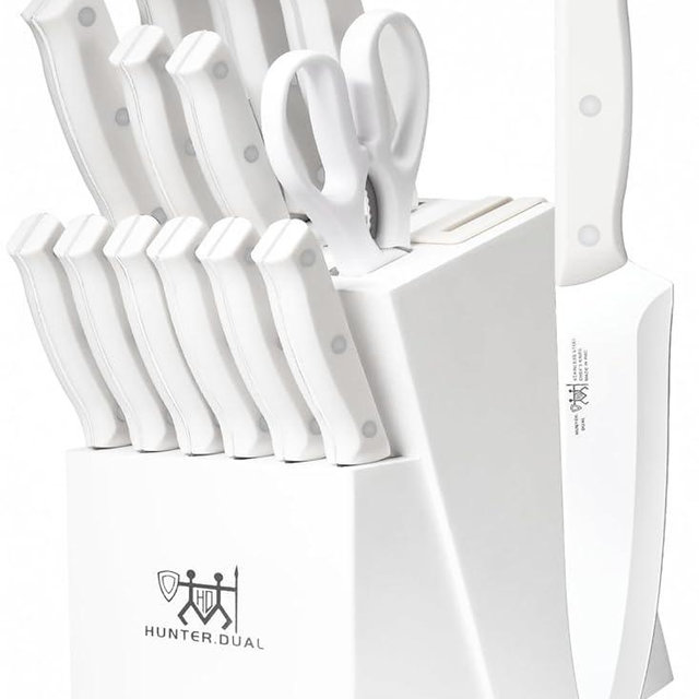 Knife Set, HUNTER.DUAL 15 Piece Kitchen Knife Set with Block and Built-in sharpener, Dishwasher Safe, Anti-slip Handle, White