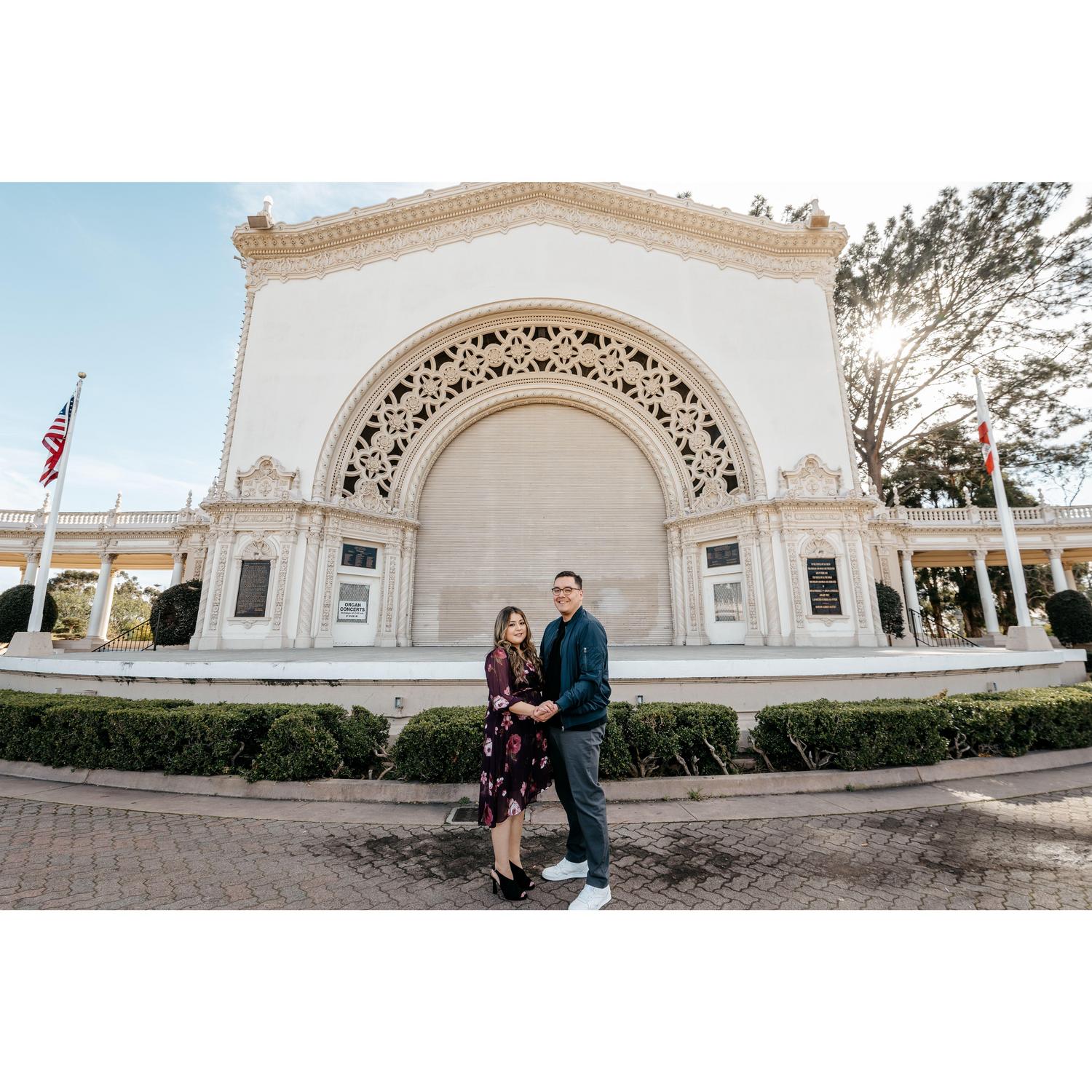 Engagement photo taken at Balboa Park in San Diego.