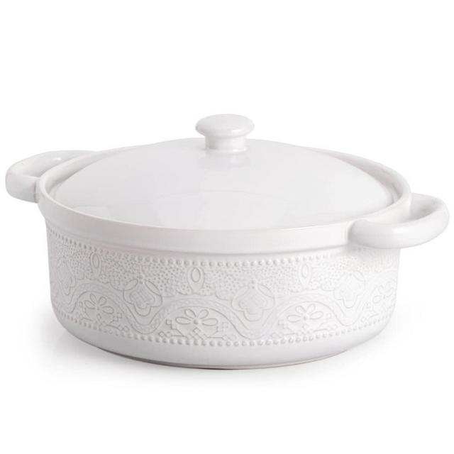 FE Casserole Dish, 2 Quart Round Ceramic Bakeware with Cover, Lace Emboss Baking Dish for Dinner, Banquet and Party (Bright White)