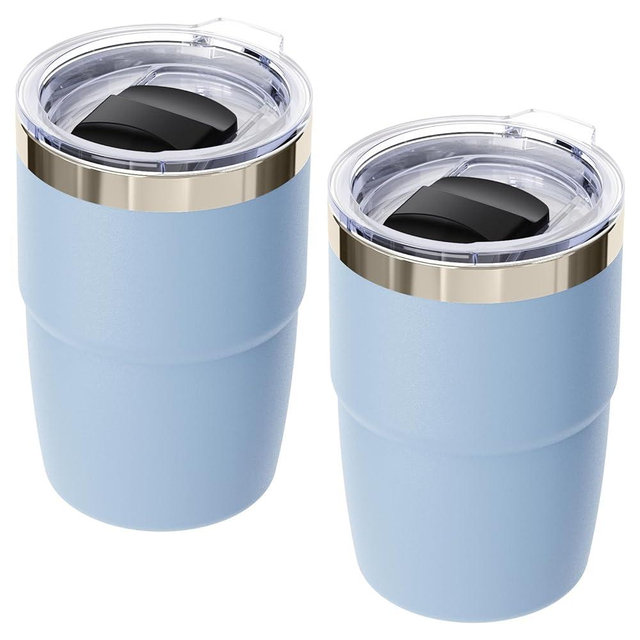 Cafezi 8 oz Small Coffee Cup with Magnetic Lid, Ceramic-Lined 18/8 Stainless Steel, Double-Wall Vacuum Insulated, Stackable, Dishwasher Safe, Mini Tumbler for On-the-Go, 2 Pack, Pastel Blue