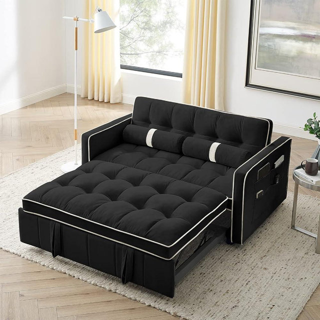 3 in 1 Sleeper Sofa Couch Bed, Small Tufted Velvet Convertible Loveseat Futon Sofa w/Pullout Bed, Adjustable Backrest, Cylinder Pillows, Multi-Pockets for Living Room Apartment, Black, 55.5"