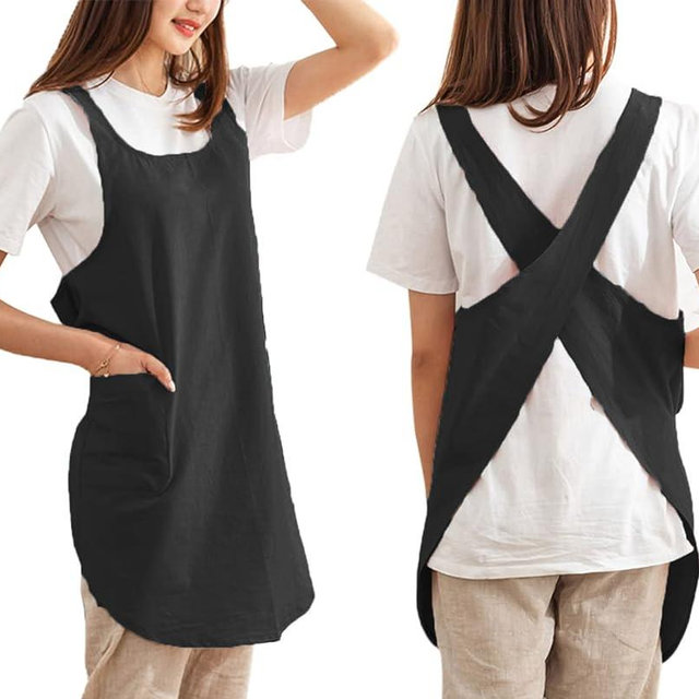 Cotton Cross Back Aprons Solid Color Cooking Kitchen Garden Smock for Women Girls with Pockets