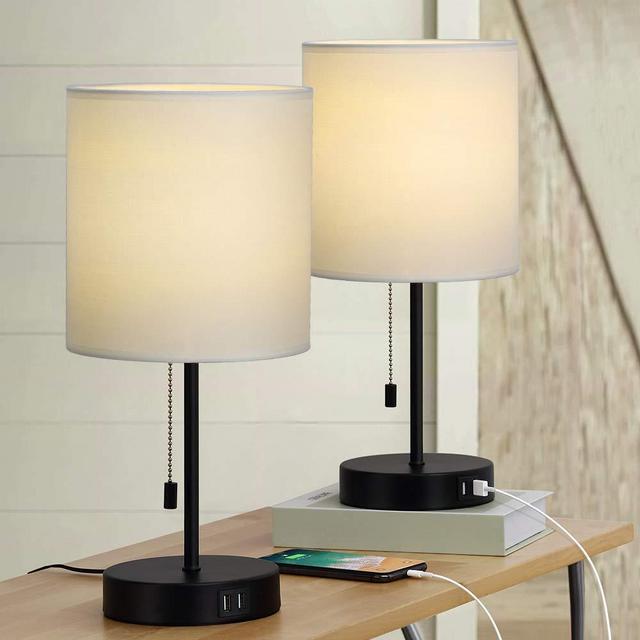 Table Lamps Set of 2, Bedside Lamps with Dual USB Quick Charging Ports, Desk Lamps with Metal Base White Fabric Lamp Shade for Bedroom Living Room Study Room Office Dressing Room