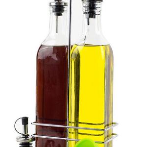 Olive Oil and Vinegar Bottle Set - 2 Glass Cruet Bottles (17oz) in Stainless Steel Holder - with 2 Pairs of Different Pour Spouts and Silicone Funnel by Cookisy