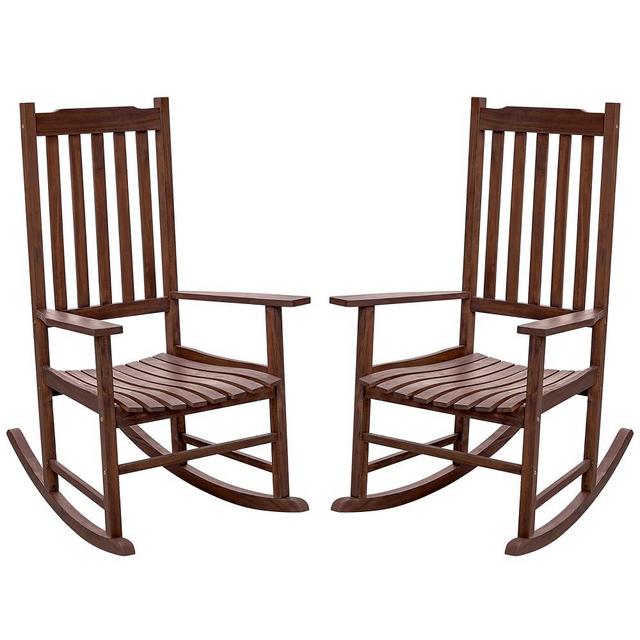Flamaker Acacia Wood Patio Rocking Chair Set of 2, High Back and Widen Armrest for Adults, Solid Wood Porch Rocking Chair for Lawn, Garden, Backyard (Brown)
