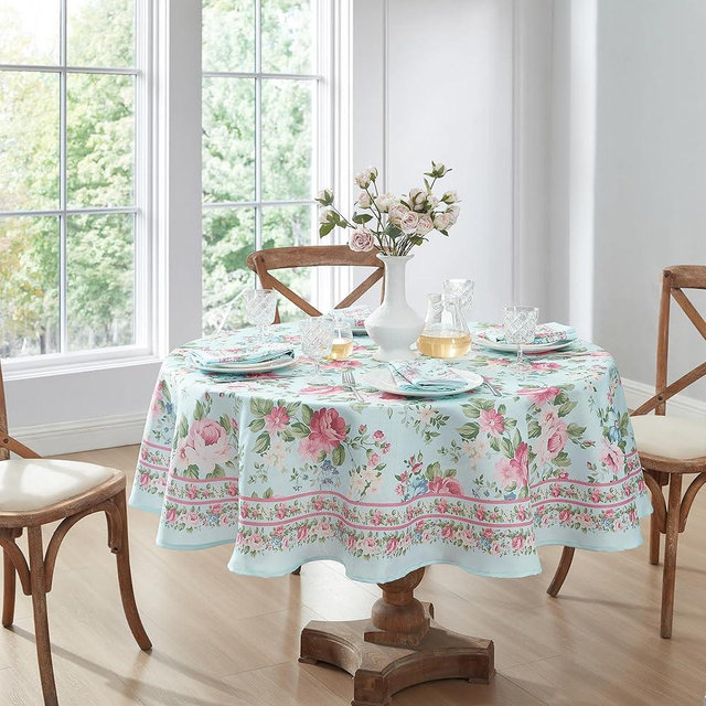 Elrene Home Fashions Spring Summer Vintage Floral Garden Cottage Border Fabric Round Tablecloth, 70"x70"