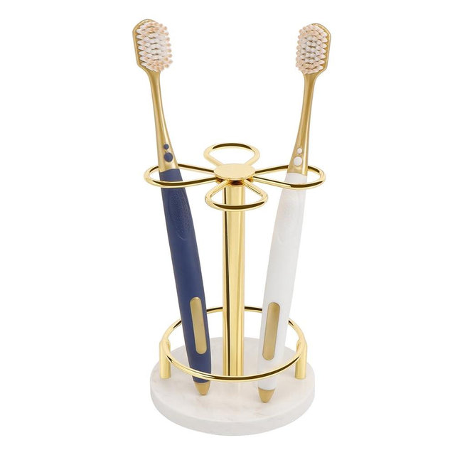 HarJue Toothbrush Holder Stand for Bathroom, Metal Toothbrush Organizer with Marble Base, Toothbrush Storage Collection for Family, Suitable for Home Hotel Countertop Vanity (Small, Gold)