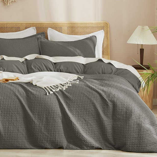 PHF Waffle Weave Duvet Cover Set Queen Size, No Snagging Ultra Soft Luxury Textured Breathable Comforter Cover for All Season 3pcs, Durable Bedding Duvet Set with 2 Pillow Shams, 90"x90", Grey