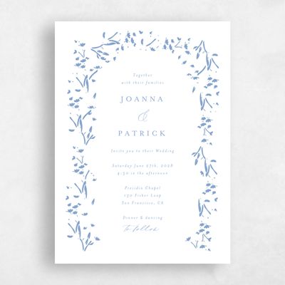 Blue Floral Wedding Invitation - Regal Portrait Letterpress
