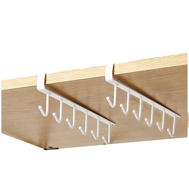 Gouccpu Under Cabinet Coffee Mug Holder - 6 Hooks Cups Storage Rack, Drilling Free, Kitchen Utensil Hanging Hooks Rack 2 Pack (White 2pcs)