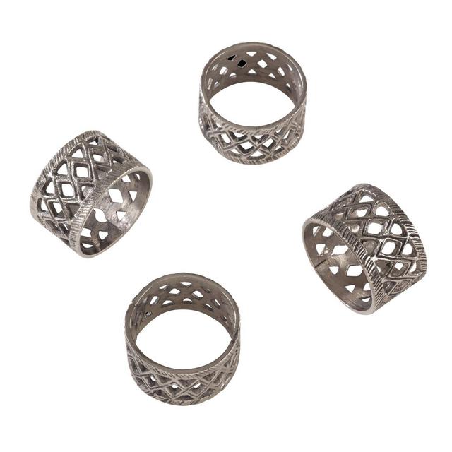 Silver Diamond Cutout Design Ethnic Tribal Style Napkin Ring Set of 4 - Saro Lifestyle